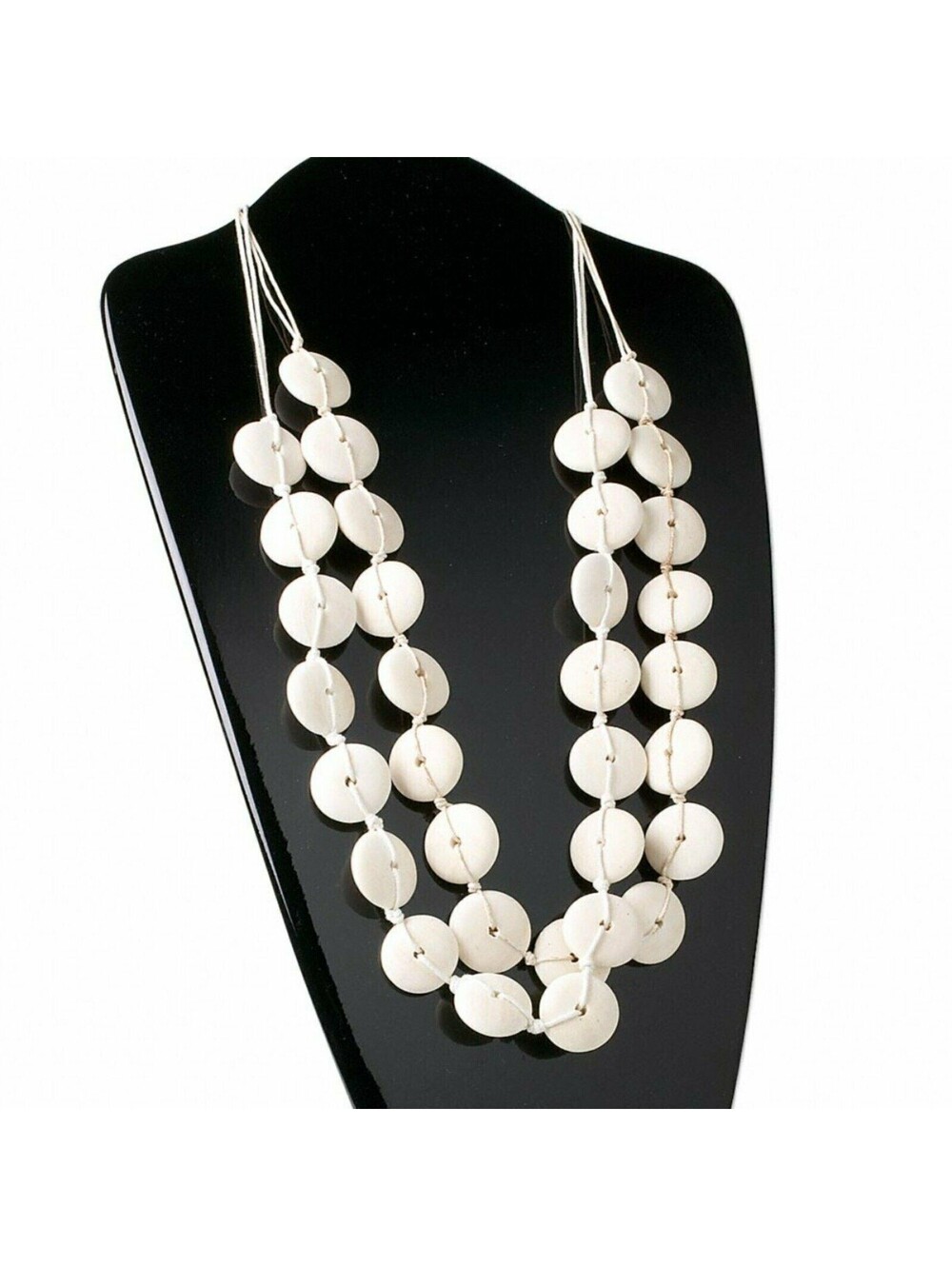 Bleached White Wood Disk Long 2-Strand Necklace with Cotton Cord